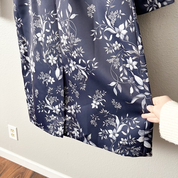Venus Navy Floral Print Satin Long Formal Elegant Over Coat Women's Size 14 - Picture 9 of 13